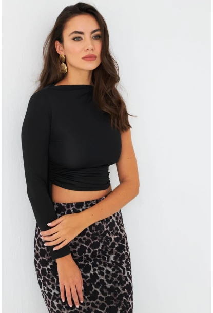 Kadın Siyah Büzülebilir Tek Kol Bluz CG390