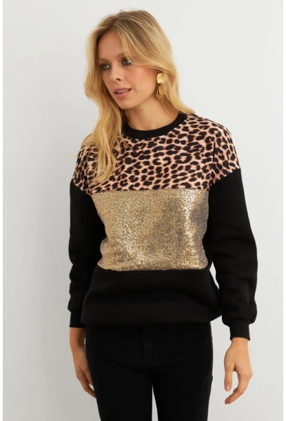 Kadın Siyah-Camel Bloklu Sweatshirt MST098