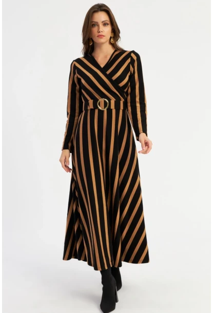 Kadın Siyah-Camel Kruveze Kemerli Maxi Elbise VTN4