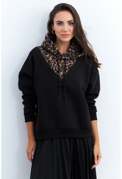 Kadın Siyah-Camel Leopar Bloklu Sweatshirt PP6415