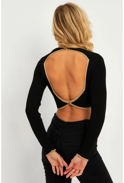 Kadın Siyah-Camel Sırtı Açık Bluz YV270