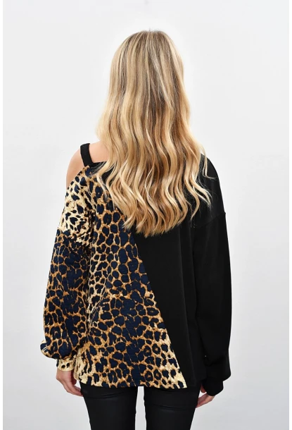 Kadın Siyah-Camel Tek Omuzu Açık Kontrast Sweatshirt Yİ1683