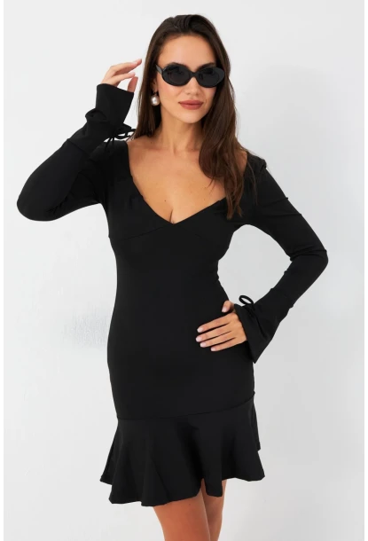 Kadın Siyah Çan Kol Mini Elbise CG386