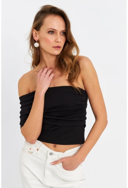 Kadın Siyah Çapraz Crop Bluz B4074-90