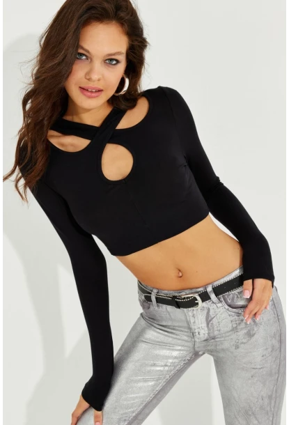 Kadın Siyah Çapraz Yaka Crop Bluz B2746