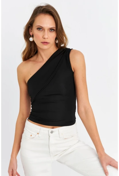 Kadın Siyah Çapraz Yaka Crop Bluz B6082-90