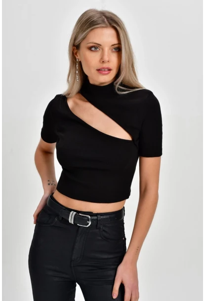 Kadın Siyah Çapraz Yaka Kaşkorse Kısa Bluz B74