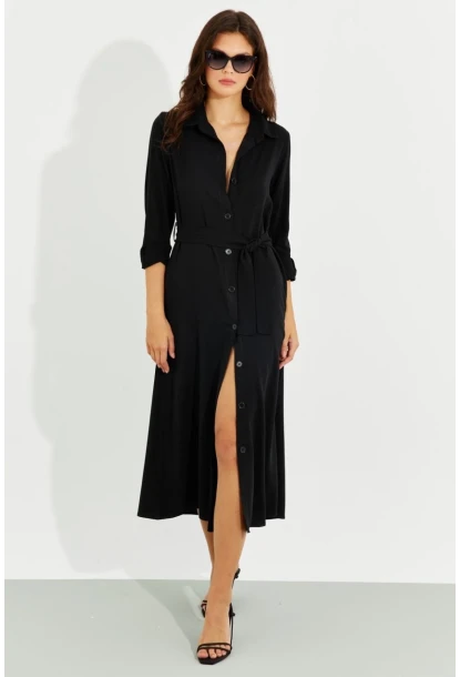 Kadın Siyah Cepli Gömlek Midi Elbise BK1683