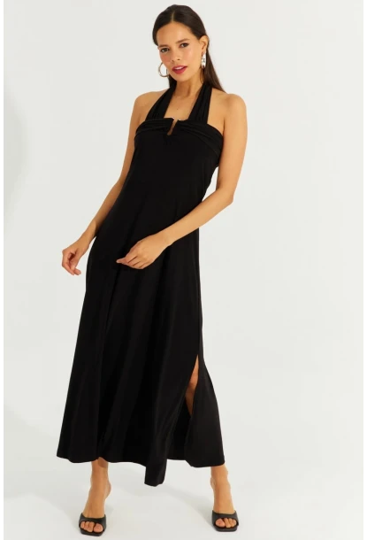 Kadın Siyah Çift Askılı Maxi Elbise BK261084