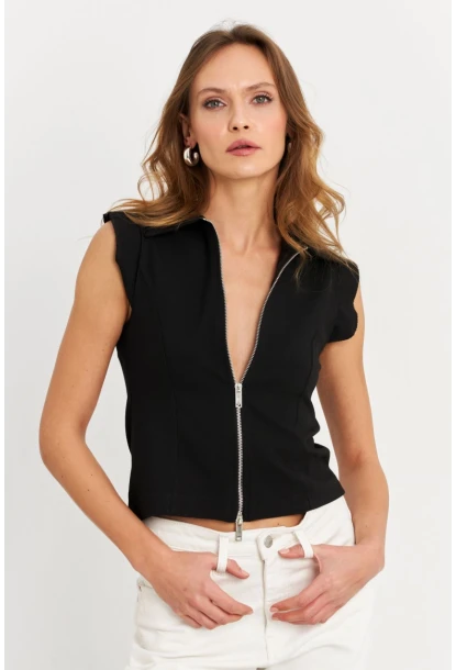 Kadın Siyah Çift Fermuarlı Bluz MOD2352