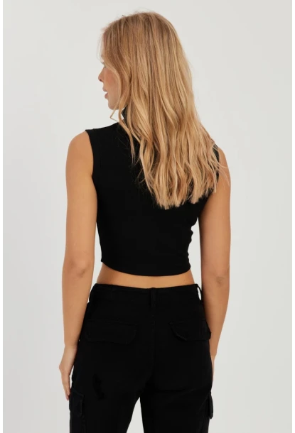 Kadın Siyah Çift Fermuarlı Kaşkorse Bluz EY2735
