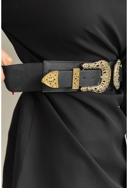 Kadın Siyah Çift Tokalı Lastikli Kemer BE617