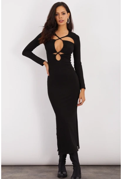 Kadın Siyah Çift Yırtmaçlı Midi Elbise B166-1