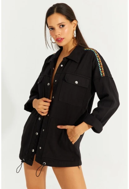 Kadın Siyah Çıtçıtlı Denim Gömlek Ceket İS2120