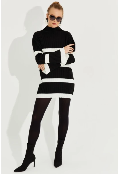 Kadın Siyah Çizgili Mini Triko Elbise YV212