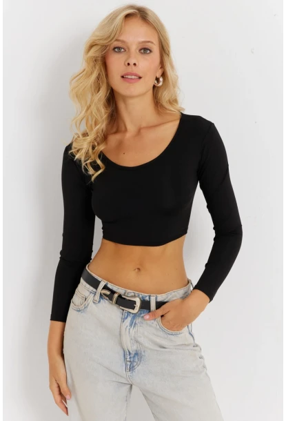 Kadın Siyah Crop Bluz CG367