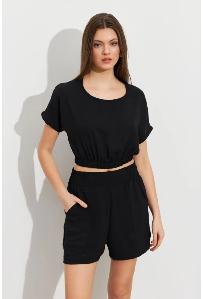 Kadın Siyah Crop Şort Takım Q1014
