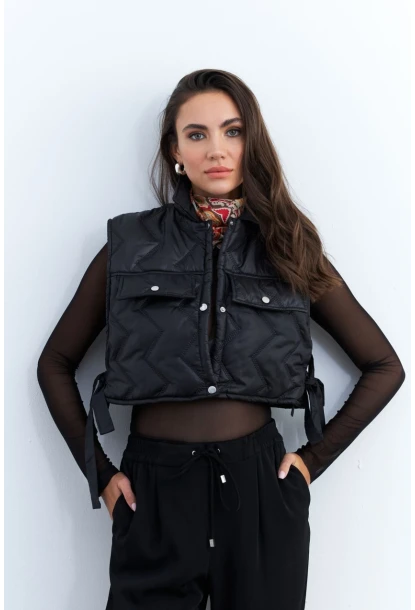 Kadın Siyah Crop Yelek İS808