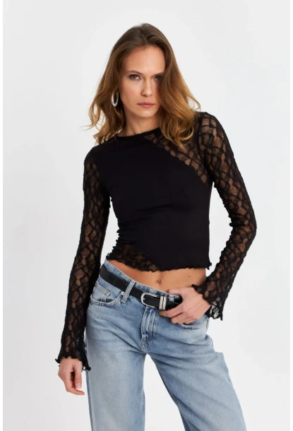 Kadın Siyah Dantel Bloklu Bluz FS9832