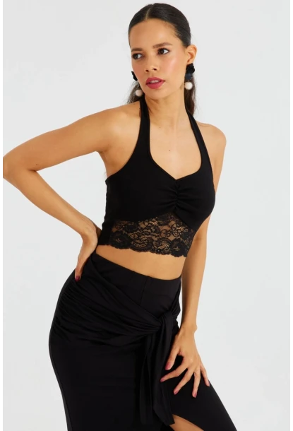 Kadın Siyah Dantel Detaylı Crop Bluz B2549