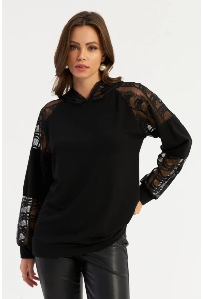 Kadın Siyah Dantel Detaylı Kapüşonlu Sweatshirt BK58