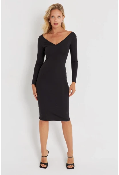 Kadın Siyah Dantel Detaylı Midi Elbise EY2671