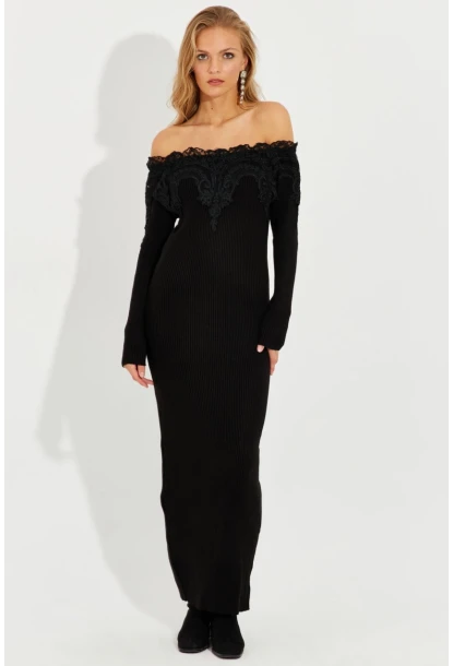 Kadın Siyah Dantelli Triko Maxi Elbise KED123