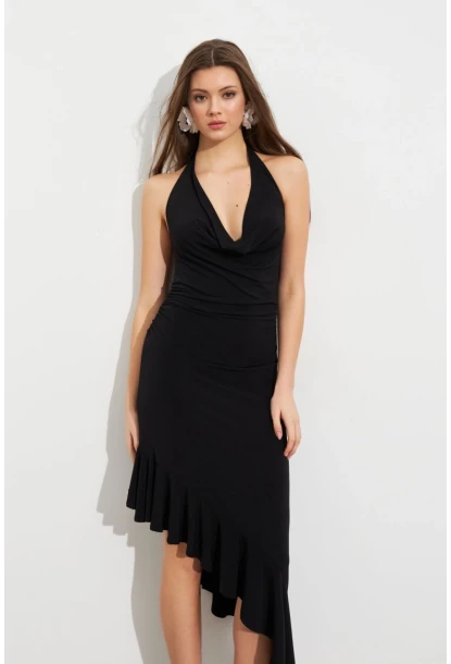 Kadın Siyah Degaje Asimetrik Midi Elbise İRE1436