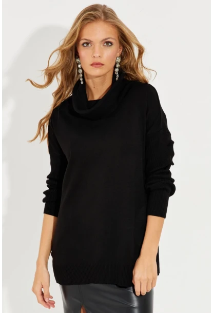 Kadın Siyah Degaje Yaka Cepli Triko Kazak YZ519