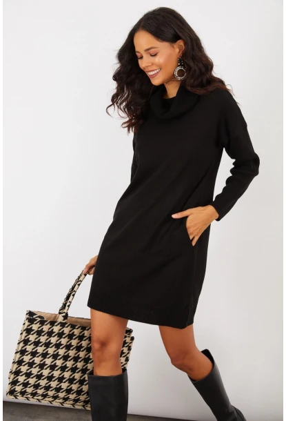 Kadın Siyah Degaje Yaka Triko Mini Elbise YV73