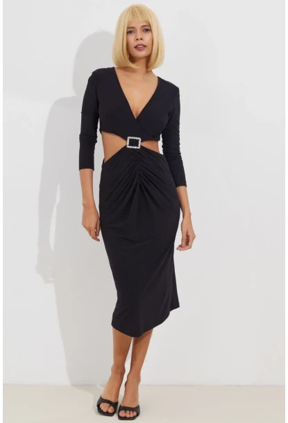 Kadın Siyah Dekolteli Büzgülü Midi Elbise BK1591