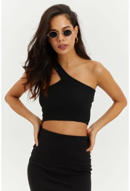 Kadın Siyah Dekolteli Crop Bluz B216