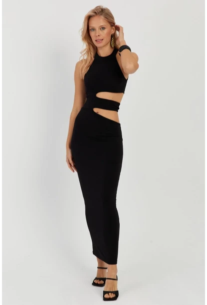 Kadın Siyah Dekolteli Maxi Elbise MEN2031
