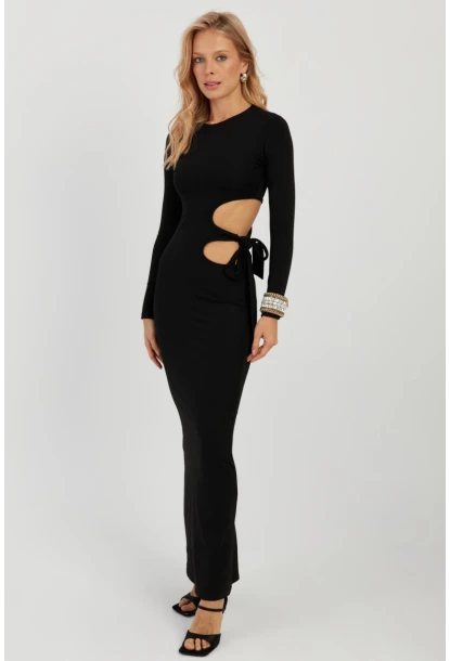 Kadın Siyah Dekolteli Skuba Maxi Elbise MON122