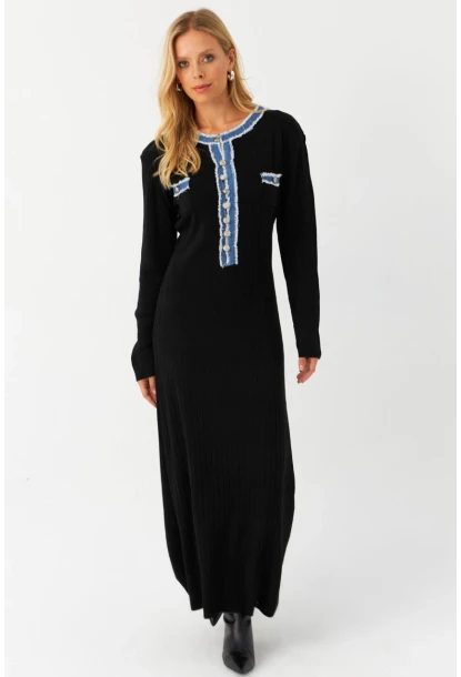 Kadın Siyah Denim Detaylı Maxi Elbise MQAS200