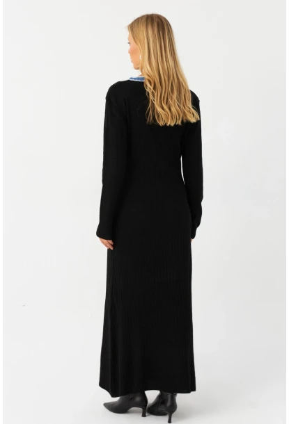 Kadın Siyah Denim Detaylı Maxi Elbise MQAS200