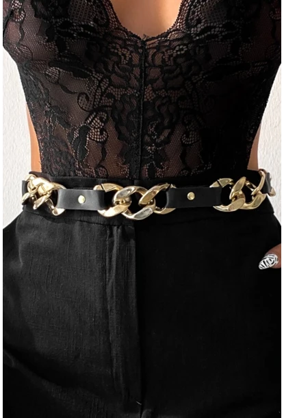 Kadın Siyah Deri Zincir Kemer BE659