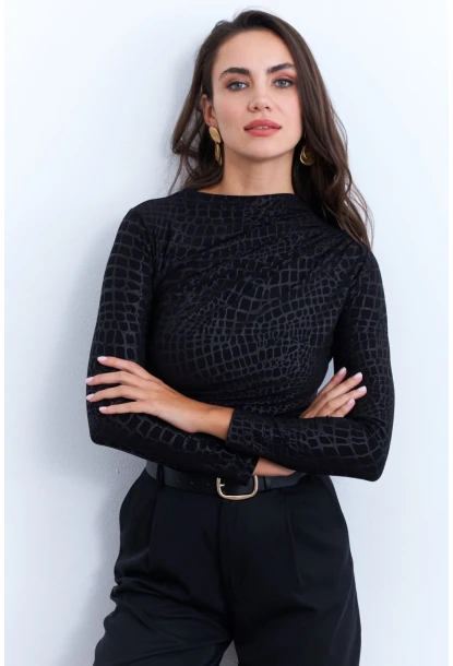 Kadın Siyah Desenli Büzgülü Bluz LPP1279