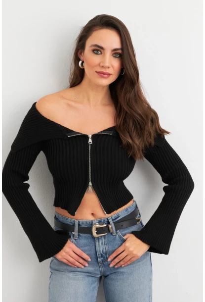 Kadın Siyah Devrik Yaka Kısa Hırka TEM103