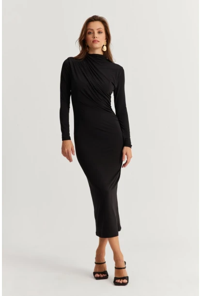 Kadın Siyah Drape Maxi Elbise DMR377