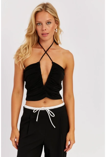 Kadın Siyah Drapeli Crop Bluz KED154