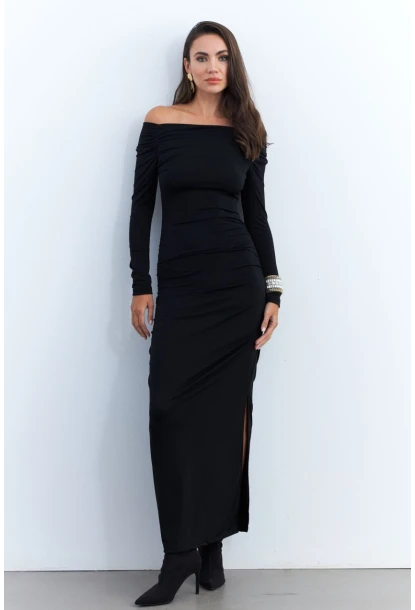 Kadın Siyah Drapeli Maxi Elbise SHR7