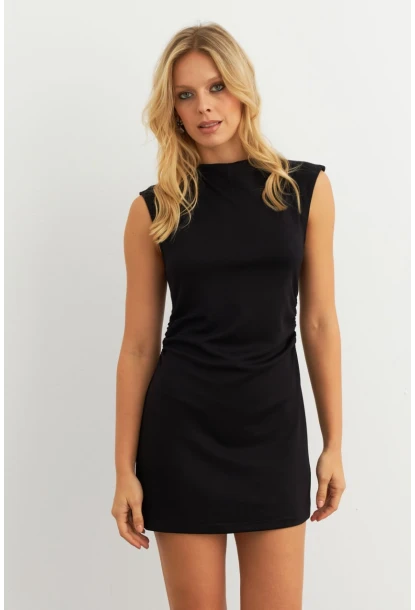 Kadın Siyah Drapeli Mini Elbise SE6