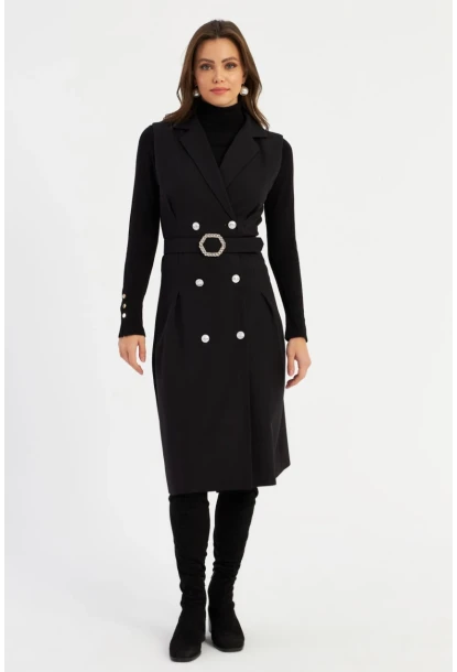 Kadın Siyah Düğme Aksesuarlı Ceket Elbise MERA101