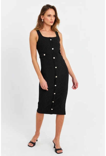 Kadın Siyah Düğme Aksesuarlı Çizgili Midi Elbise SDY1253
