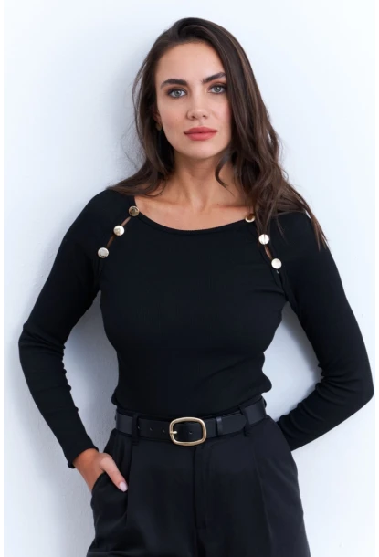 Kadın Siyah Düğme Aksesuarlı Kaşkorse Bluz EY2945