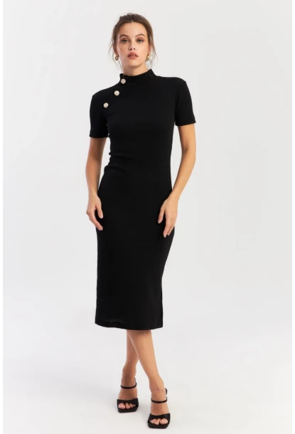 Kadın Siyah Düğme Aksesuarlı Kaşkorse Midi Elbise EY2931