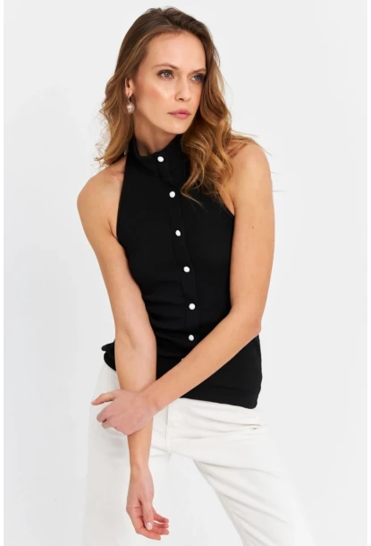 Kadın Siyah Düğme Aksesuarlı Kolsuz Bluz EY3065