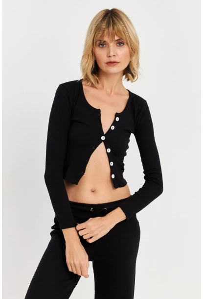 Kadın Siyah Düğme Detaylı Basic Bluz ALB3814