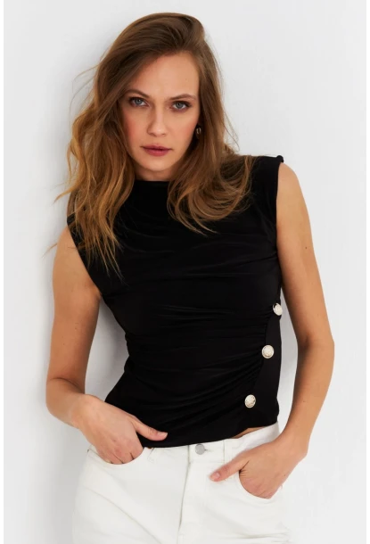 Kadın Siyah Düğme Detaylı Bluz LPP1022